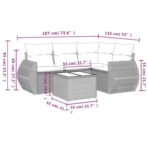 5-Piece Garden Sofa Set with Cushions Beige Poly Rattan Wicker Outdoor Patio Furniture - Image 8
