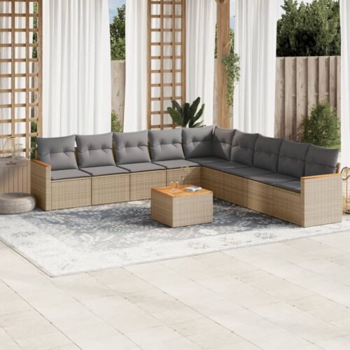 10-Piece Garden Sofa Set with Cushions Beige Poly Rattan Wicker Outdoor Patio Furniture - Image 2