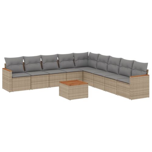 10-Piece Garden Sofa Set with Cushions Beige Poly Rattan Wicker Outdoor Patio Furniture - Image 5
