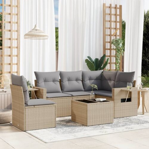 6-Piece Garden Sofa Set with Cushions Beige Poly Rattan Wicker Outdoor Patio Furniture - Image 2