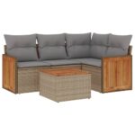 5-Piece Garden Sofa Set with Cushions Beige Poly Rattan Wicker Outdoor Patio Furniture