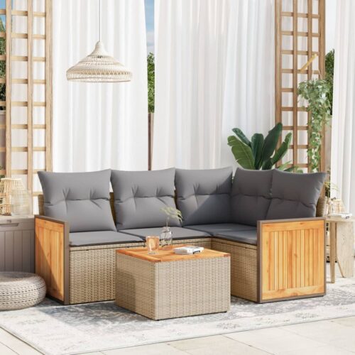 5-Piece Garden Sofa Set with Cushions Beige Poly Rattan Wicker Outdoor Patio Furniture - Image 2