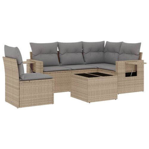 6-Piece Garden Sofa Set with Cushions Beige Poly Rattan Wicker Outdoor Patio Furniture - Image 14