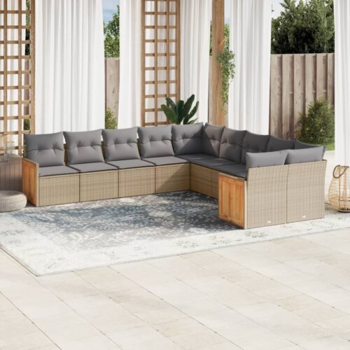 10-Piece Garden Sofa Set with Cushions Beige Poly Rattan Wicker Outdoor Patio Furniture - Image 2