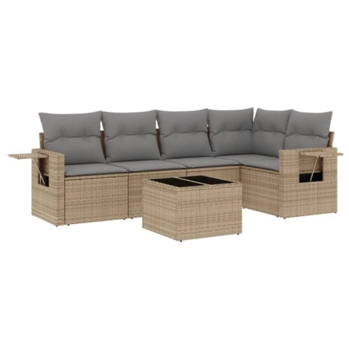 6-Piece Garden Sofa Set with Cushions Beige Poly Rattan Wicker Outdoor Patio Furniture