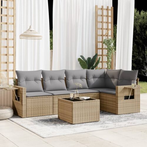 6-Piece Garden Sofa Set with Cushions Beige Poly Rattan Wicker Outdoor Patio Furniture - Image 2