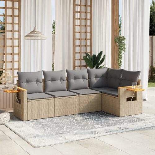 5-Piece Garden Sofa Set with Cushions Beige Poly Rattan Wicker Outdoor Patio Furniture - Image 2