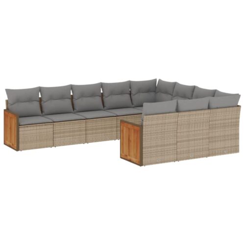10-Piece Garden Sofa Set with Cushions Beige Poly Rattan Wicker Outdoor Patio Furniture