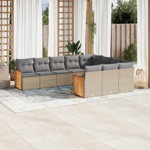 10-Piece Garden Sofa Set with Cushions Beige Poly Rattan Wicker Outdoor Patio Furniture - Image 2