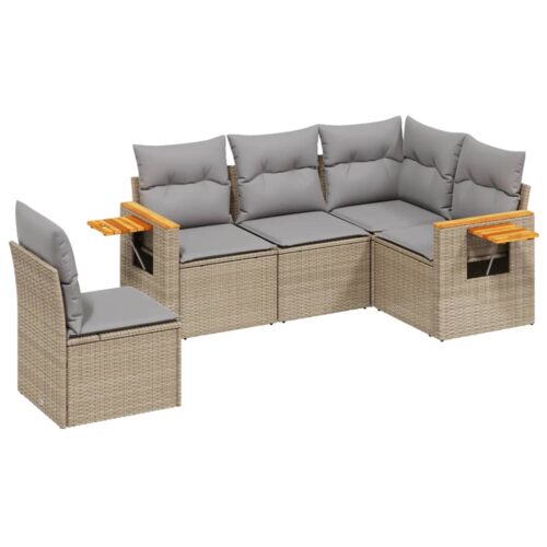 5-Piece Garden Sofa Set with Cushions Beige Poly Rattan Wicker Outdoor Patio Furniture