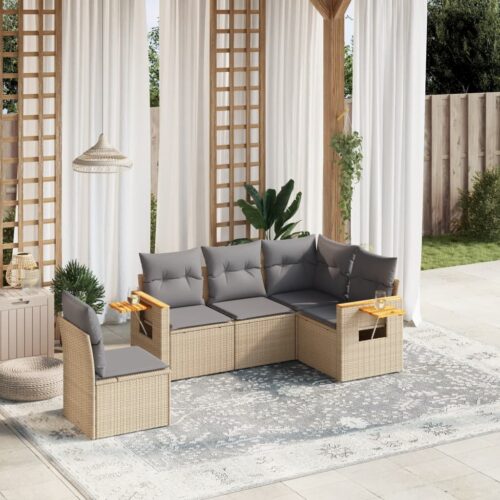 5-Piece Garden Sofa Set with Cushions Beige Poly Rattan Wicker Outdoor Patio Furniture - Image 2