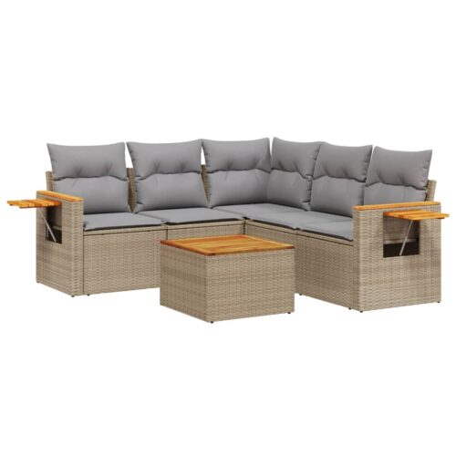 6-Piece Garden Sofa Set with Cushions Beige Poly Rattan Wicker Outdoor Patio Furniture