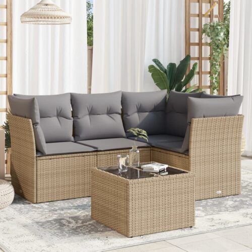 5-Piece Garden Sofa Set with Cushions Beige Poly Rattan Wicker Outdoor Patio Furniture - Image 2