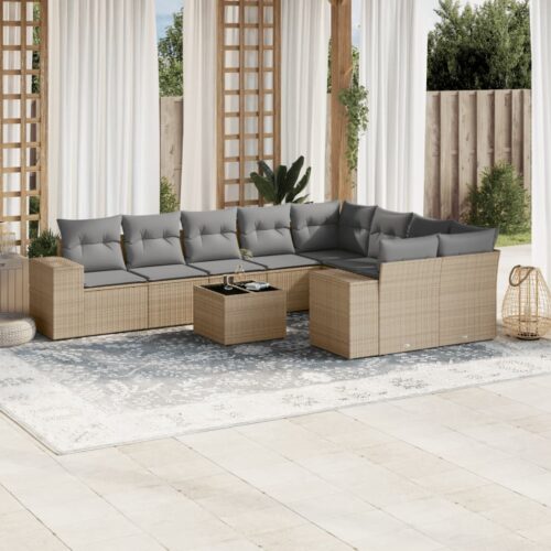 10-Piece Garden Sofa Set with Cushions Beige Poly Rattan Wicker Outdoor Patio Furniture - Image 2