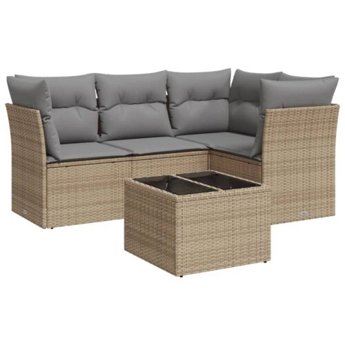 5-Piece Garden Sofa Set with Cushions Beige Poly Rattan Wicker Outdoor Patio Furniture - Image 5
