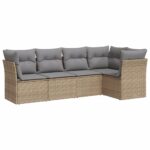 5-Piece Garden Sofa Set with Cushions Beige Poly Rattan Wicker Outdoor Patio Furniture