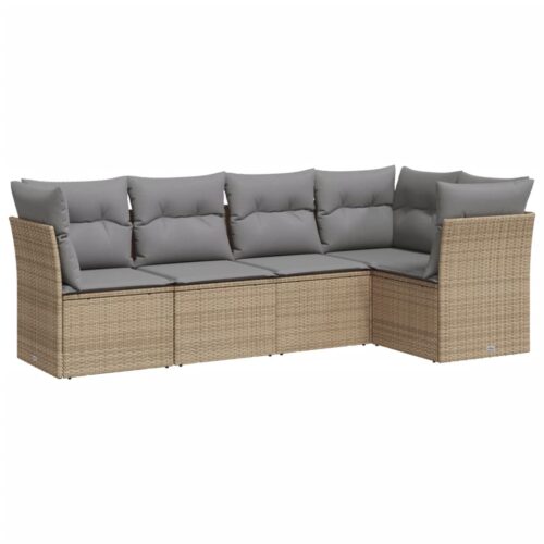 5-Piece Garden Sofa Set with Cushions Beige Poly Rattan Wicker Outdoor Patio Furniture