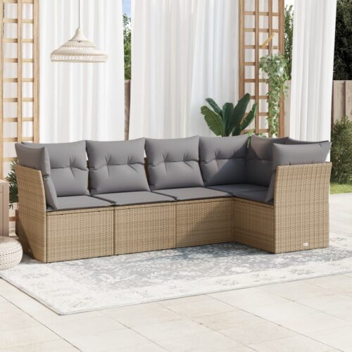 5-Piece Garden Sofa Set with Cushions Beige Poly Rattan Wicker Outdoor Patio Furniture - Image 2