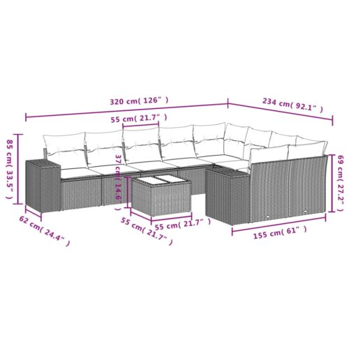 10-Piece Garden Sofa Set with Cushions Beige Poly Rattan Wicker Outdoor Patio Furniture - Image 8