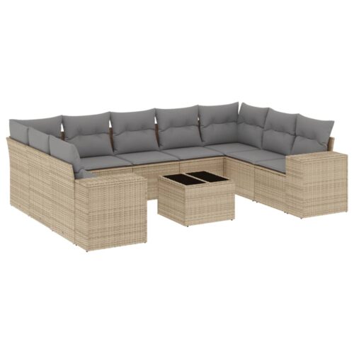 10-Piece Garden Sofa Set with Cushions Beige Poly Rattan Wicker Outdoor Patio Furniture