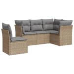 5-Piece Garden Sofa Set with Cushions Beige Poly Rattan Wicker Outdoor Patio Furniture