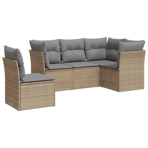 5-Piece Garden Sofa Set with Cushions Beige Poly Rattan Wicker Outdoor Patio Furniture