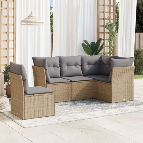 5-Piece Garden Sofa Set with Cushions Beige Poly Rattan Wicker Outdoor Patio Furniture - Image 2