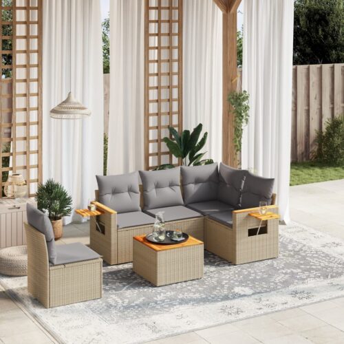 6-Piece Garden Sofa Set with Cushions Beige Poly Rattan Wicker Outdoor Patio Furniture - Image 2