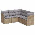 5-Piece Garden Sofa Set with Cushions Beige Poly Rattan Wicker Outdoor Patio Furniture