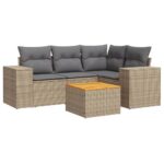 5-Piece Garden Sofa Set with Cushions Beige Poly Rattan Wicker Outdoor Patio Furniture