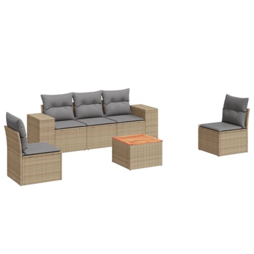 6-Piece Garden Sofa Set with Cushions Beige Poly Rattan Wicker Outdoor Patio Furniture
