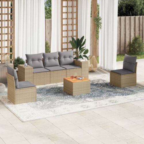 6-Piece Garden Sofa Set with Cushions Beige Poly Rattan Wicker Outdoor Patio Furniture - Image 2
