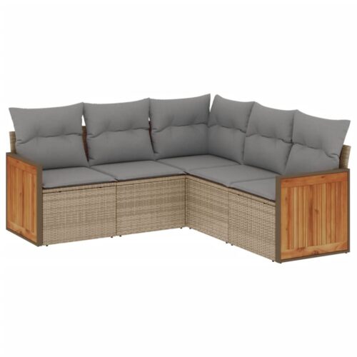 5-Piece Garden Sofa Set with Cushions Beige Poly Rattan Wicker Outdoor Patio Furniture