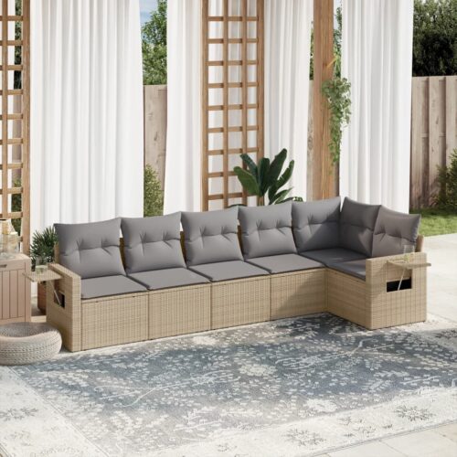 6-Piece Garden Sofa Set with Cushions Beige Poly Rattan Wicker Outdoor Patio Furniture - Image 2