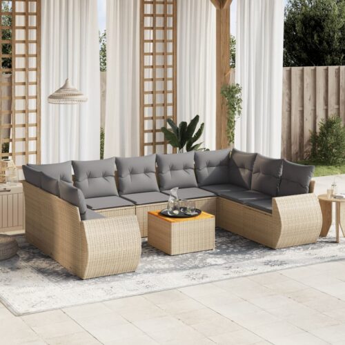 10-Piece Garden Sofa Set with Cushions Beige Poly Rattan Wicker Outdoor Patio Furniture - Image 2