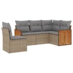 5-Piece Garden Sofa Set with Cushions Beige Poly Rattan Wicker Outdoor Patio Furniture