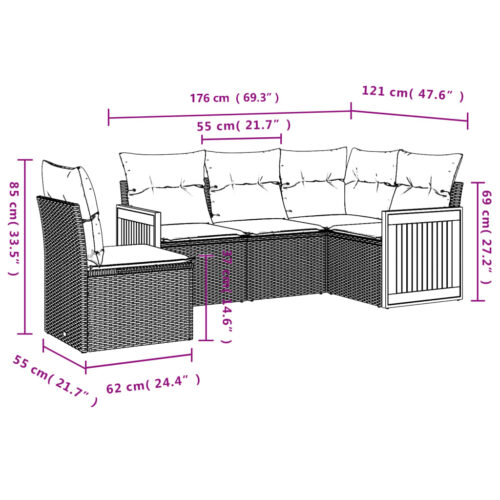 5-Piece Garden Sofa Set with Cushions Beige Poly Rattan Wicker Outdoor Patio Furniture - Image 7