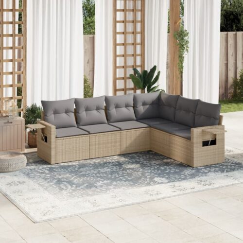 6-Piece Garden Sofa Set with Cushions Beige Poly Rattan Wicker Outdoor Patio Furniture - Image 2