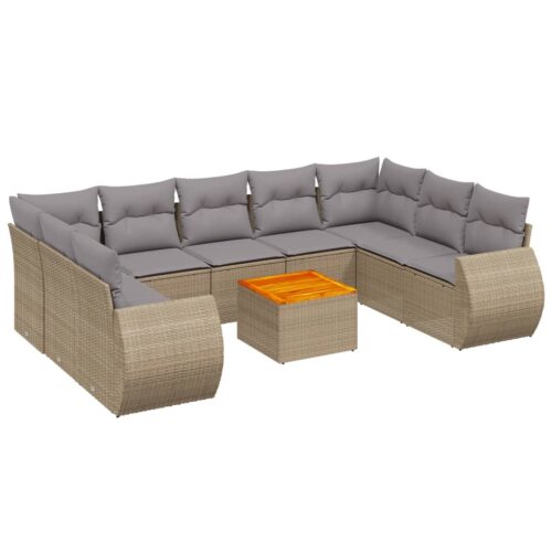 10-Piece Garden Sofa Set with Cushions Beige Poly Rattan Wicker Outdoor Patio Furniture - Image 14