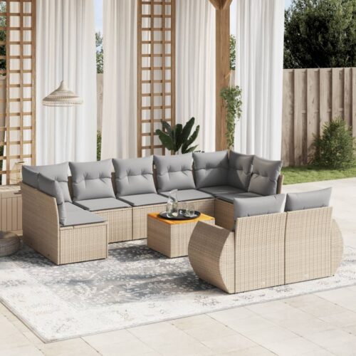 10-Piece Garden Sofa Set with Cushions Beige Poly Rattan Wicker Outdoor Patio Furniture - Image 2