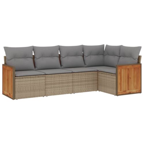 5-Piece Garden Sofa Set with Cushions Beige Poly Rattan Wicker Outdoor Patio Furniture