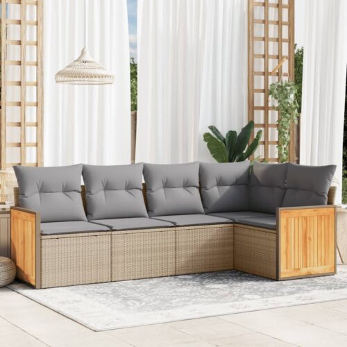 5-Piece Garden Sofa Set with Cushions Beige Poly Rattan Wicker Outdoor Patio Furniture - Image 2
