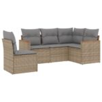 5-Piece Garden Sofa Set with Cushions Beige Poly Rattan Wicker Outdoor Patio Furniture
