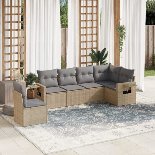 6-Piece Garden Sofa Set with Cushions Beige Poly Rattan Wicker Outdoor Patio Furniture - Image 2