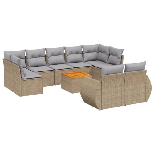 10-Piece Garden Sofa Set with Cushions Beige Poly Rattan Wicker Outdoor Patio Furniture - Image 14