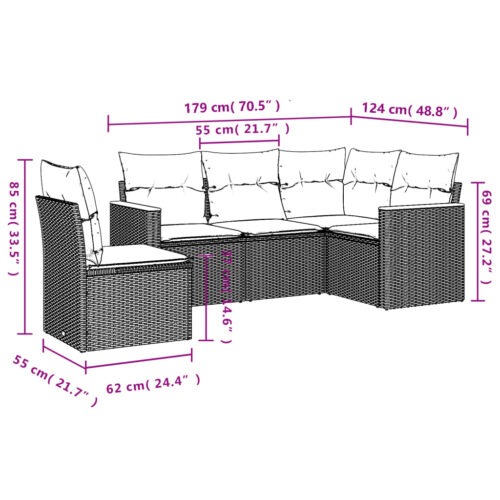 5-Piece Garden Sofa Set with Cushions Beige Poly Rattan Wicker Outdoor Patio Furniture - Image 3