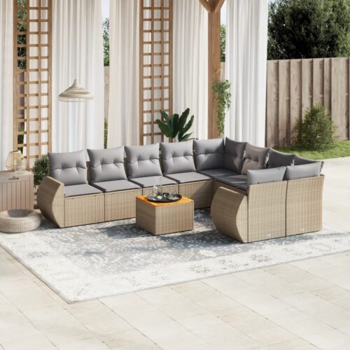 10-Piece Garden Sofa Set with Cushions Beige Poly Rattan Wicker Outdoor Patio Furniture - Image 2