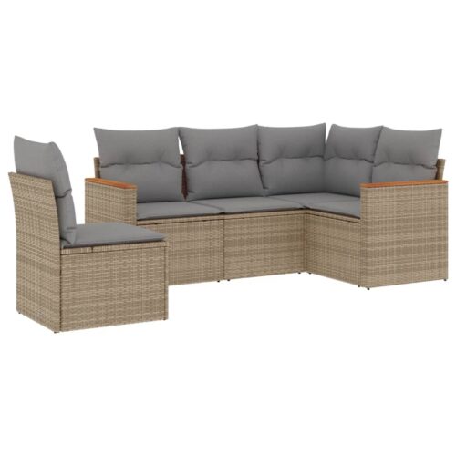 5-Piece Garden Sofa Set with Cushions Beige Poly Rattan Wicker Outdoor Patio Furniture - Image 5