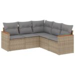 5-Piece Garden Sofa Set with Cushions Beige Poly Rattan Wicker Outdoor Patio Furniture