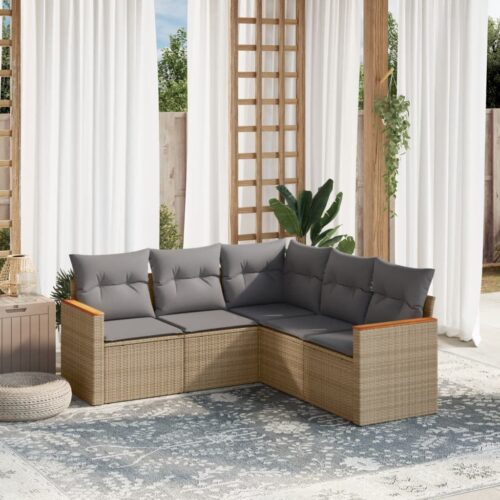 5-Piece Garden Sofa Set with Cushions Beige Poly Rattan Wicker Outdoor Patio Furniture - Image 2